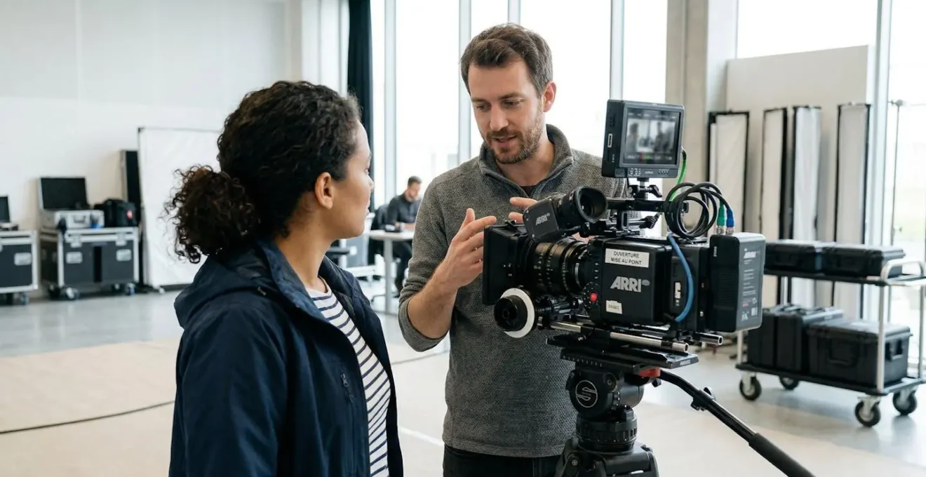 Deux professionnels de l'audiovisuel discutent de profil autour d'une caméra cinéma sur un plateau de tournage moderne