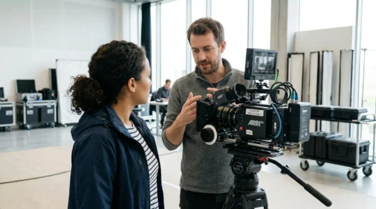 Deux professionnels de l'audiovisuel discutent de profil autour d'une caméra cinéma sur un plateau de tournage moderne