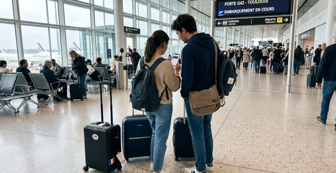 Un couple vu de dos consulte ensemble un smartphone dans un terminal d'aéroport moderne, avec des valises à roulettes à proximité