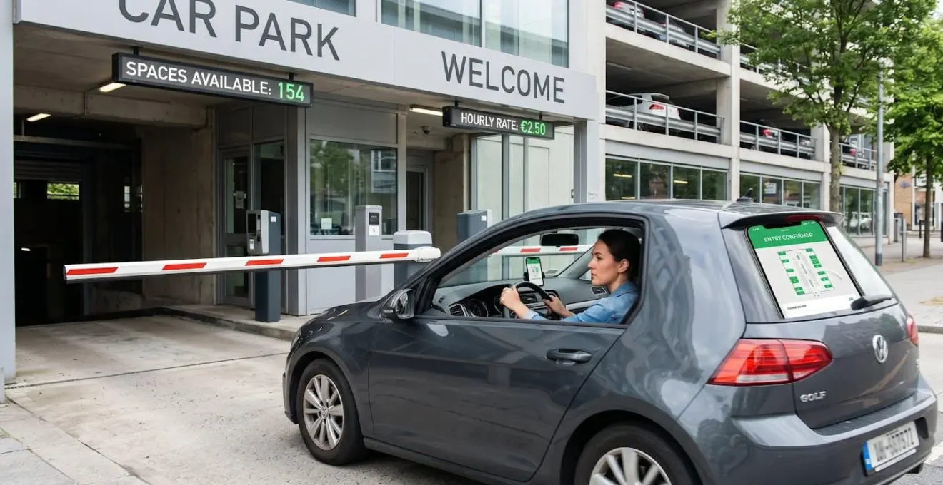 Vue extérieure d'un parking privé sécurisé moderne avec barrières automatiques et signalétique claire sous la lumière naturelle du jour