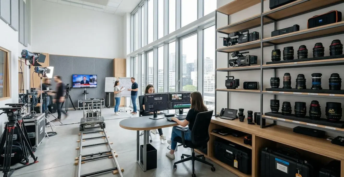 Vue large d'un studio de production vidéo moderne avec matériel professionnel rangé sur des étagères, caméras et optiques organisées, lumière naturelle
