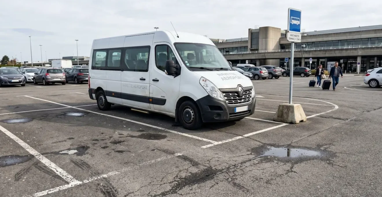 Minibus navette stationné à un point de prise en charge dans un parking extérieur sécurisé près d'un aéroport