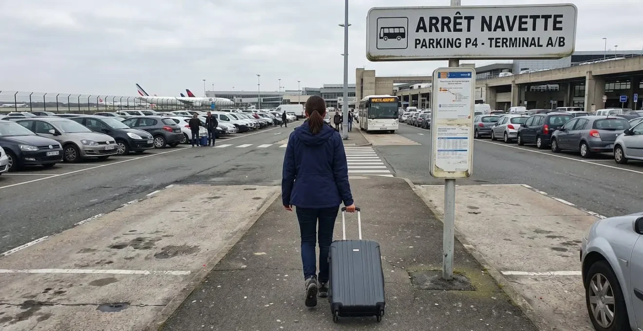 Voyageur tirant une valise à roulettes en direction d'un arrêt de navette dans un parking d'aéroport moderne