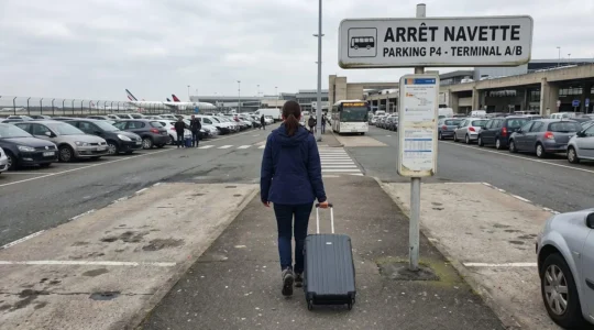 Voyageur tirant une valise à roulettes en direction d'un arrêt de navette dans un parking d'aéroport moderne