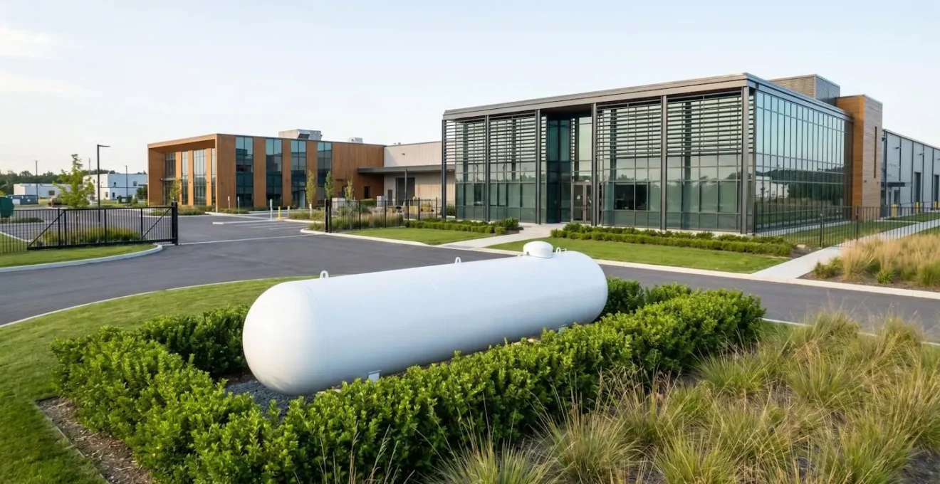 Citerne de gaz propane installée sur un site industriel professionnel avec des bâtiments tertiaires en arrière-plan