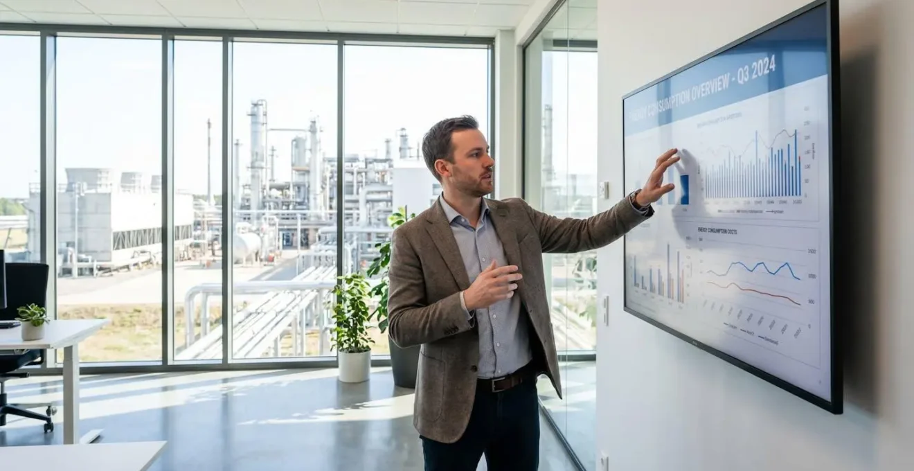 Gestionnaire énergie professionnel analysant des données de consommation dans un bâtiment tertiaire moderne