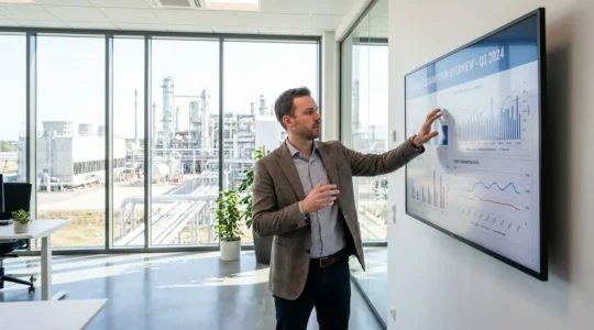 Gestionnaire énergie professionnel analysant des données de consommation dans un bâtiment tertiaire moderne
