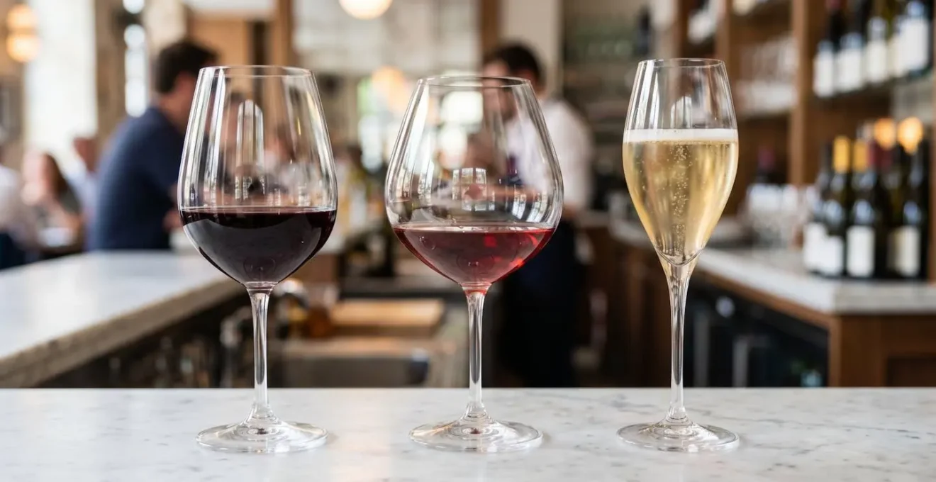 Trois verres à vin de formes différentes alignés sur marbre blanc : Bordeaux à calice large, Bourgogne ballon et Champagne tulipe, chacun rempli du vin correspondant