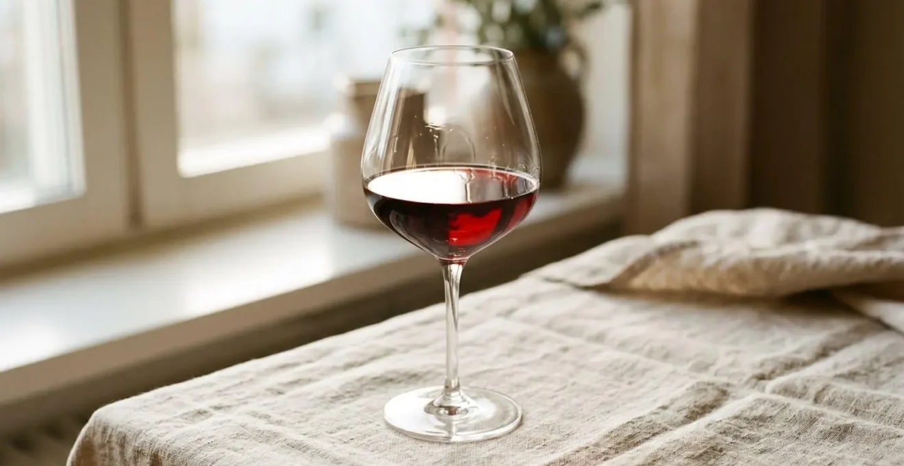 Verre à vin en cristallin contenant du Pinot Noir posé sur nappe en lin naturel avec lumière douce latérale révélant la robe du vin
