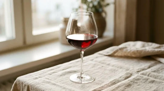 Verre à vin en cristallin contenant du Pinot Noir posé sur nappe en lin naturel avec lumière douce latérale révélant la robe du vin