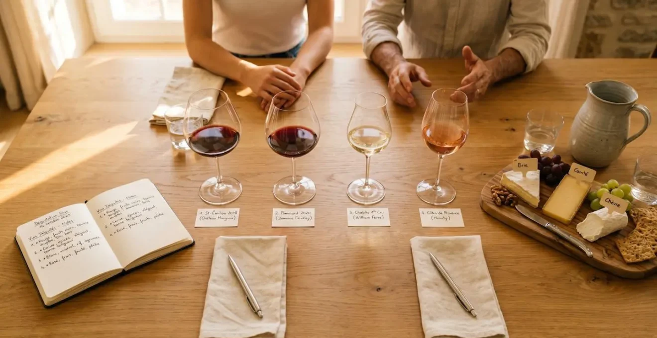 Vue plongeante sur table de dégustation à domicile avec quatre verres en cristallin de formes différentes, plateau de fromages et carnet de notes, en lumière naturelle dorée