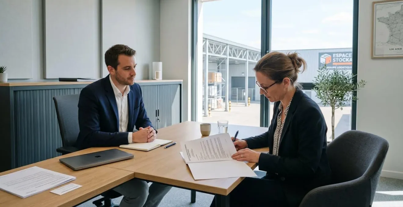 Scène de consultation professionnelle dans un bureau de facility de stockage moderne avec client examinant des documents contractuels