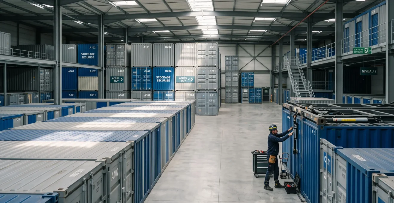 Vue d'ensemble d'un entrepôt de stockage flexible français moderne avec containers modulables et boxes individuels, technicien effectuant une vérification