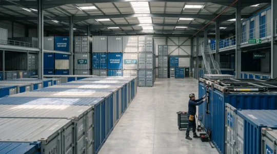 Vue d'ensemble d'un entrepôt de stockage flexible français moderne avec containers modulables et boxes individuels, technicien effectuant une vérification