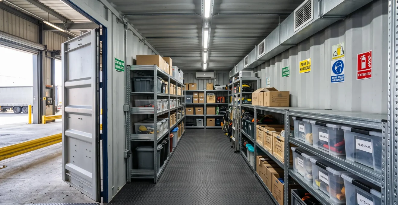 Intérieur d'un container maritime aménagé pour le stockage avec étagères métalliques et éclairage professionnel