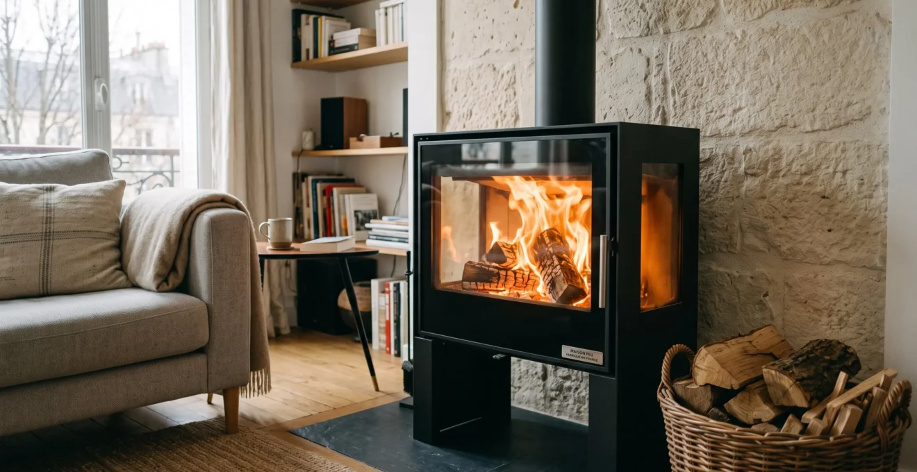 Poêle à bois moderne noir avec flammes vives visibles à travers la vitre, installé dans un salon contemporain français avec mur en pierre naturelle et bûches de chêne dans un panier en osier au premier plan