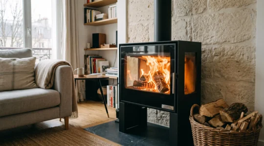 Poêle à bois moderne noir avec flammes vives visibles à travers la vitre, installé dans un salon contemporain français avec mur en pierre naturelle et bûches de chêne dans un panier en osier au premier plan