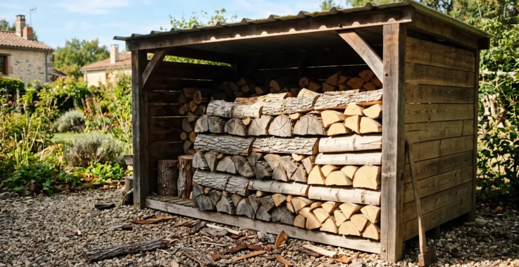 Bûches de chêne et hêtre fendues empilées en quinconce dans un abri à bois ventilé avec toit, face ouverte orientée sud laissant entrer la lumière naturelle, sol en gravier drainant visible Bûches de chêne et hêtre fendues empilées en quinconce dans un abri à bois ventilé avec toit, face ouverte orientée sud laissant entrer la lumière naturelle, sol en gravier drainant visible