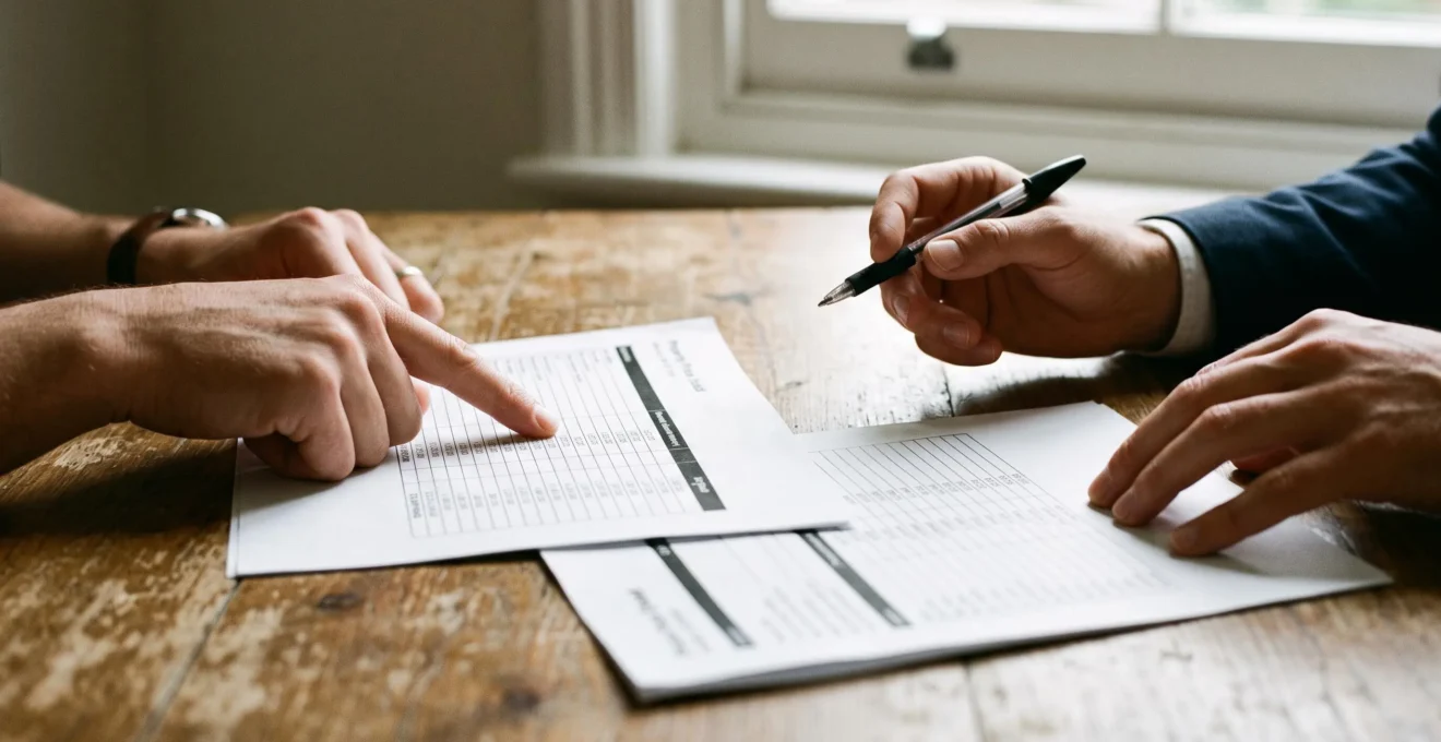 Des mains comparent des chiffres de ventes sur des documents imprimés.