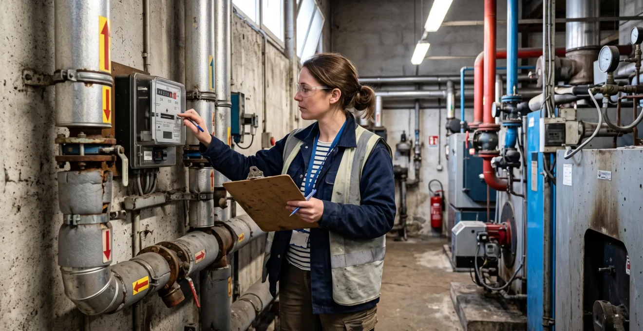 Un consultant vérifie des readings sur un compteur d'énergie dans une chaufferie industrielle.