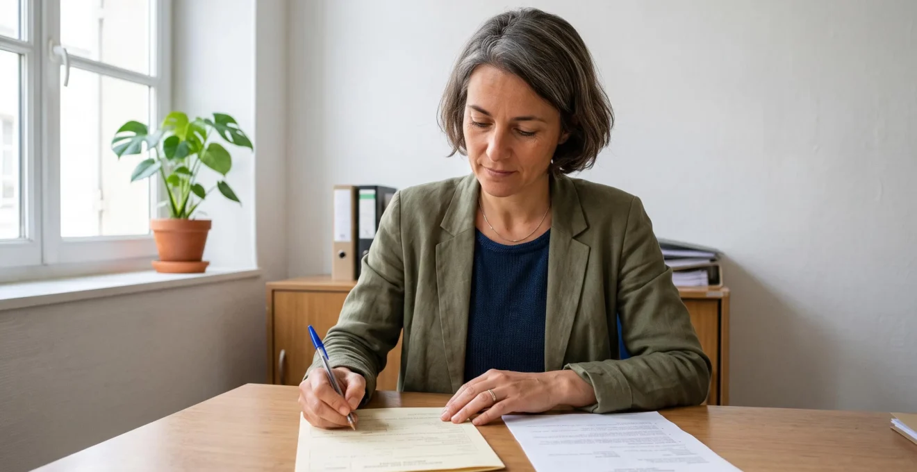 Une dirigeante remplit un formulaire de demande d'aide dans son bureau.
