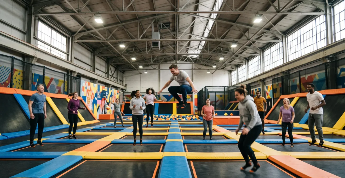 Un groupe de collègues saute sur des trampolines dans un parc indoor lors d'un team building.