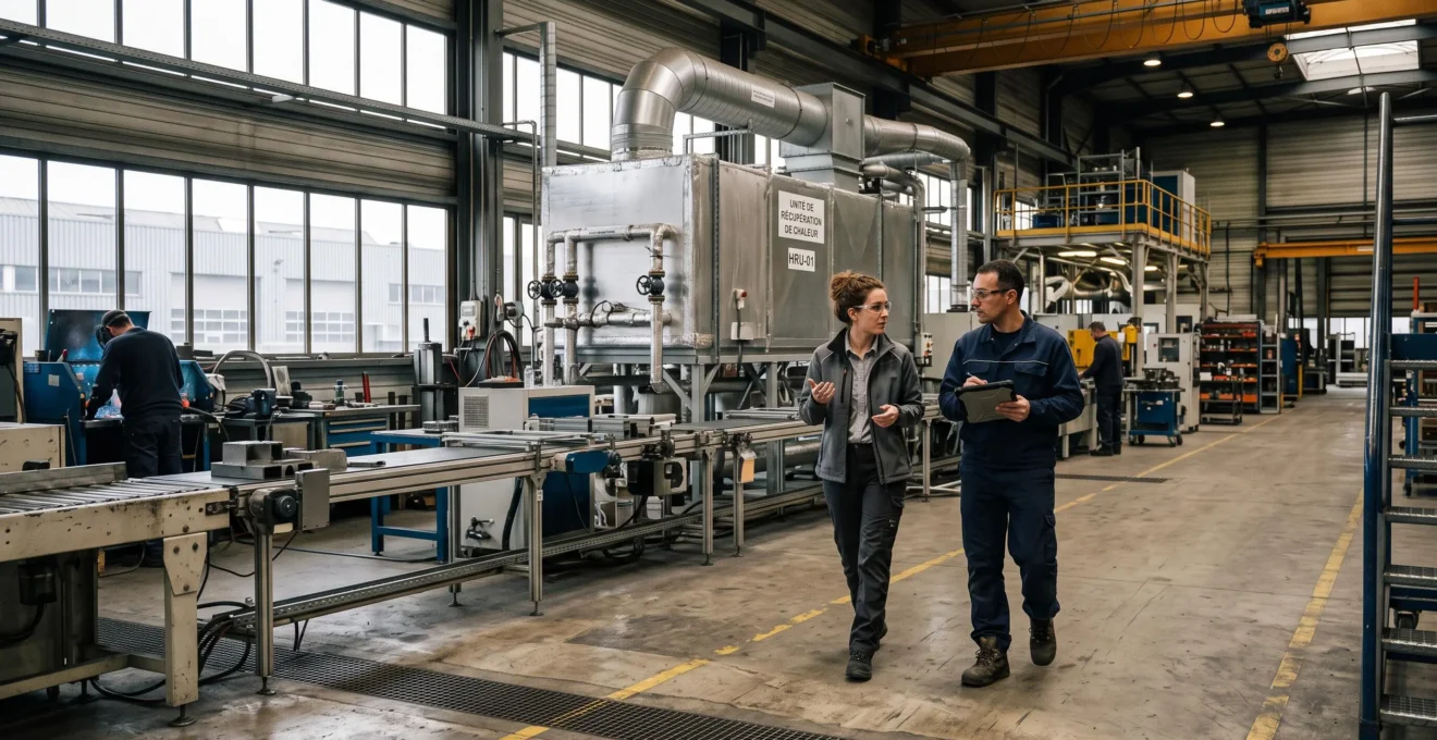 Un ingénieur et un technicien discutent devant une installation industrielle de récupération de chaleur.