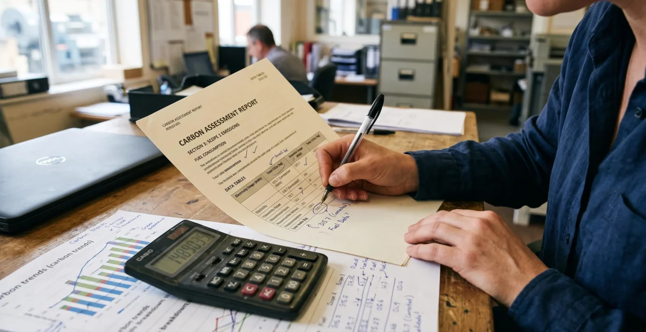 Des mains annotent un rapport de bilan carbone posé sur un bureau d'usine.