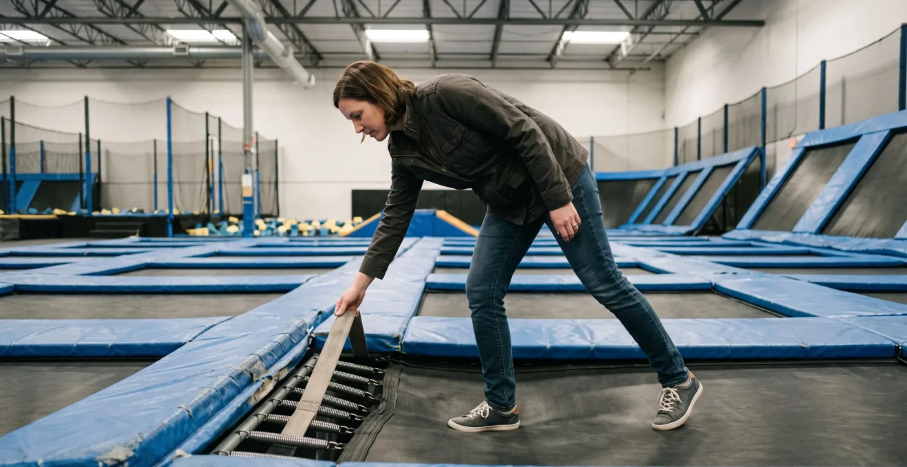 Une personne vérifie la tension du tapis d'un trampoline dans un parc indoor.